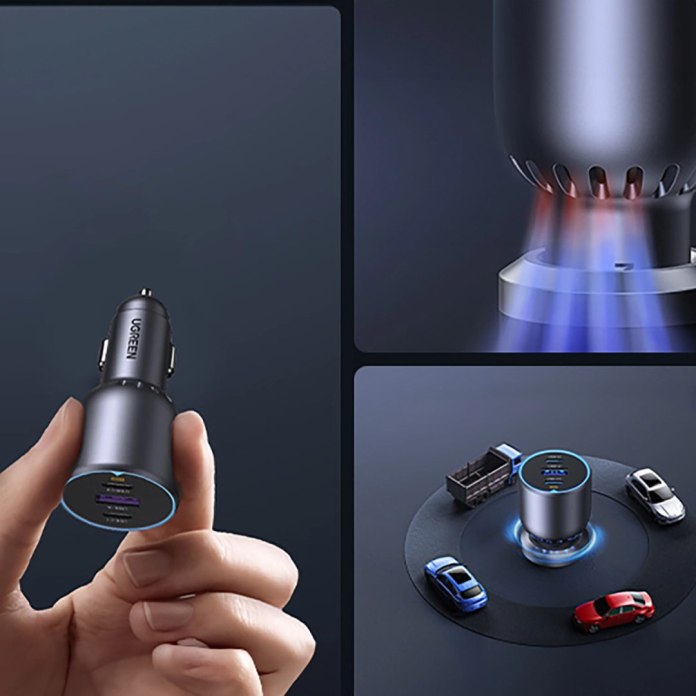 Małe różnorodne modele aut jeżdżące wokół Ładowarki samochodowej Ugreen EC705